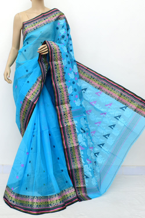 Pherozi Blue ExclusiveHandwoven Bengal Tant Cotton Saree (Without Blouse) Resham Border 17821