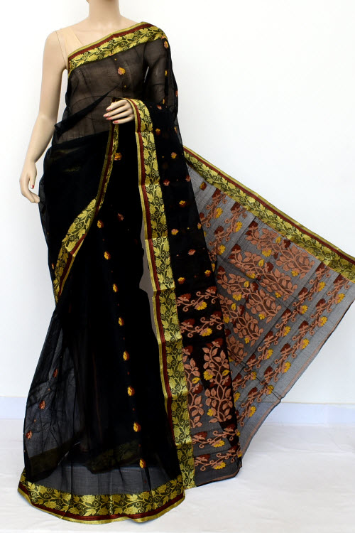 Black Designer Handwoven Bengal Tant Cotton Saree (Without Blouse) Resham Border 17121