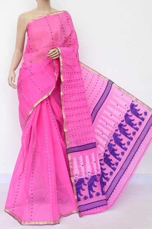 Pink Handwoven Thousand Booti Bengal Tant Cotton Saree (Without Blouse) 17028
