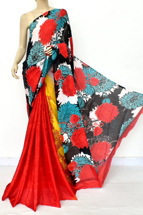 Red Art Crepe Silk Saree (with Blouse) Half-Half 16453