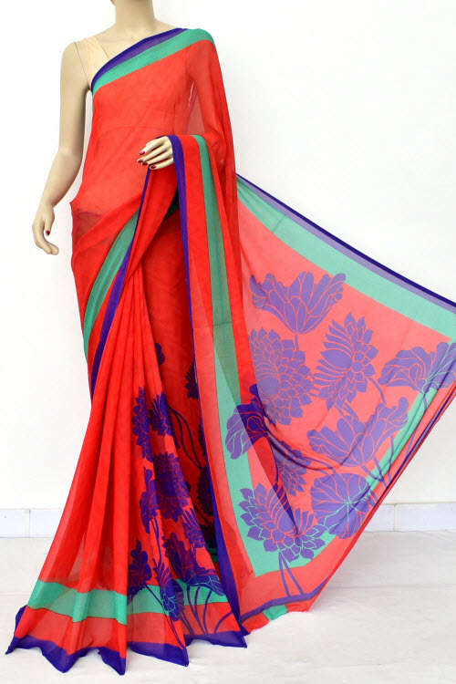 Red Printed Semi-Chiffon Saree (with Blouse) 16452