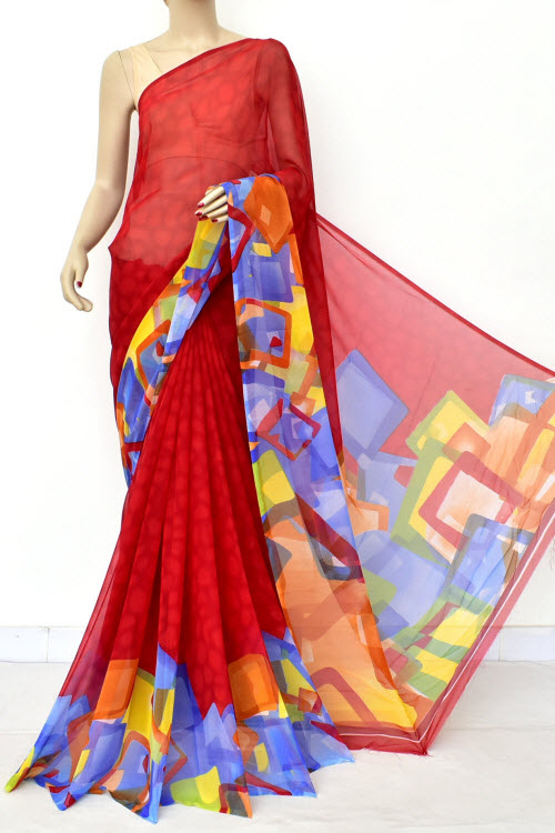 Red Printed Semi-Chiffon Saree (with Blouse) 16451