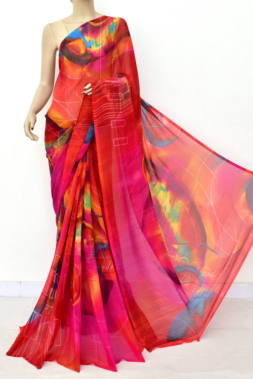 Red Printed Semi-Chiffon Saree (with Blouse) 16450