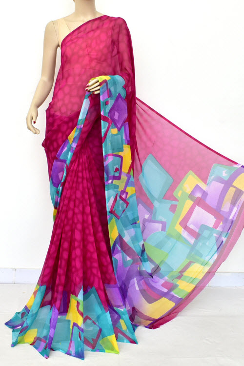 Multi-Color Printed Semi-Chiffon Saree (with Blouse) 16449