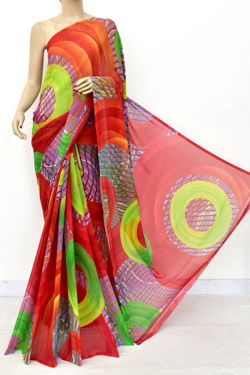 Multi-Color Printed Semi-Chiffon Saree (with Blouse) 16445