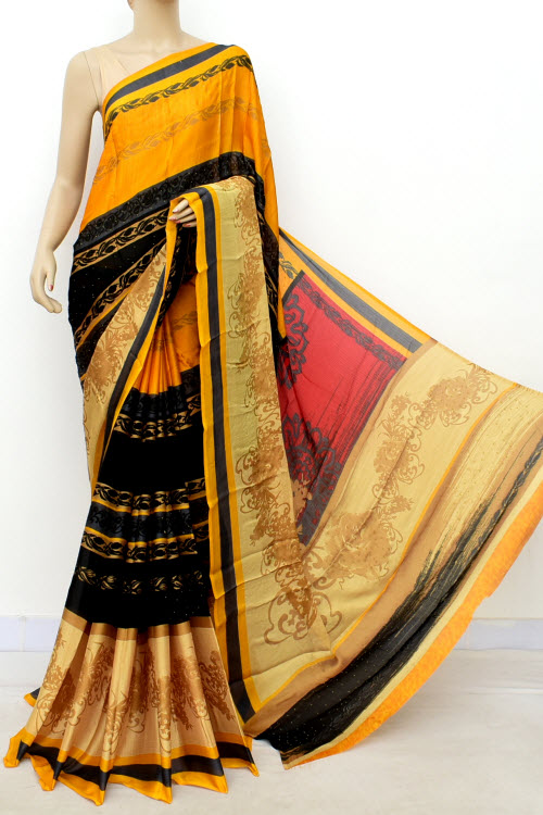 Yellow Black Exclusive Printed Semi-Chiffon Saree (with Blouse) 16421