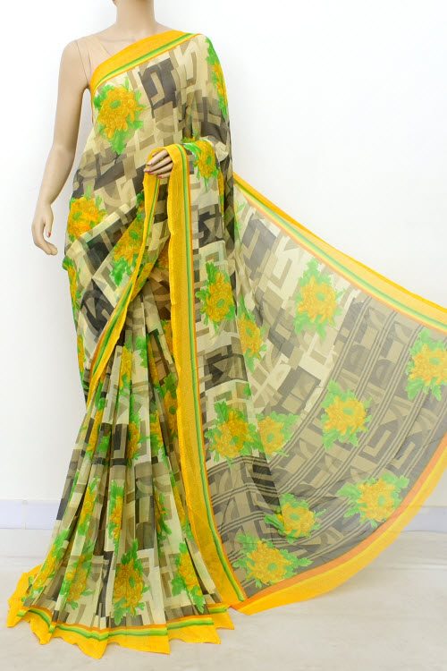 Grey Yellow Printed Chiffon Saree (with Blouse) 16420