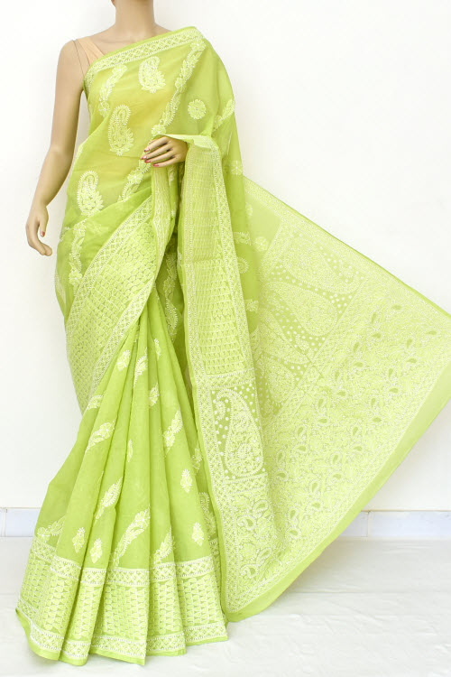 Pista Green Designer Hand Embroidered Lucknowi Chikankari Saree (With Blouse - Cotton) 14925