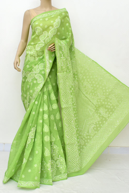 Menhdi Green Designer Hand Embroidered Lucknowi Chikankari Saree (With Blouse - Cotton) Rich Border And Pallu 14928