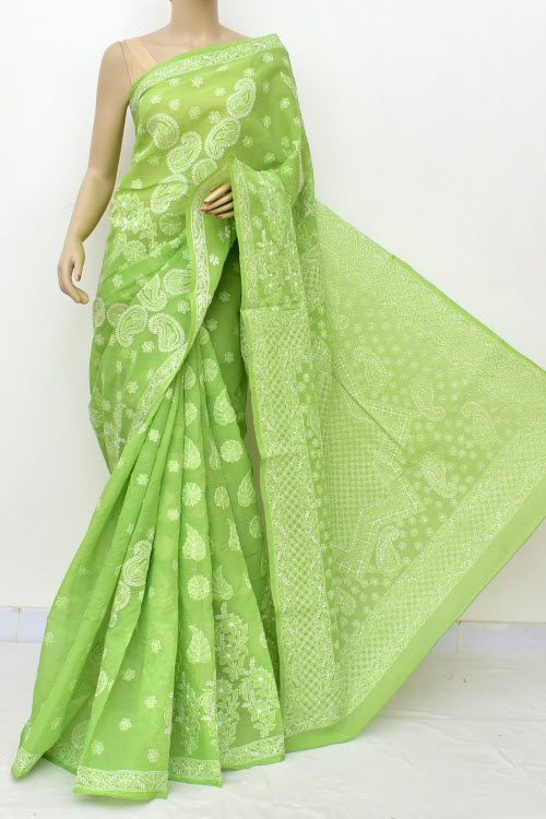 Menhdi Green Designer Hand Embroidered Lucknowi Chikankari Saree (With Blouse - Cotton) Rich Border And Pallu 14928