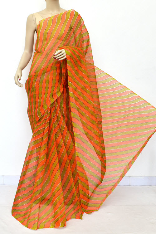 Orange Lahariya Premium JP Munga Kota Printed Cotton Saree (without Blouse) 15603