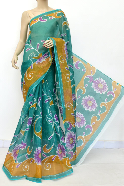 Sea Green Floral Print Kota Doria Cotton Saree (without Blouse) Premium Quality 15599