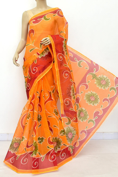 Orange Floral Print Kota Doria Cotton Saree (without Blouse) Premium Quality 15598