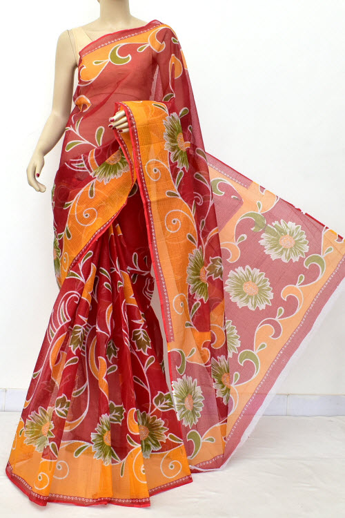 Red Floral Print Kota Doria Cotton Saree (without Blouse) Premium Quality 15597