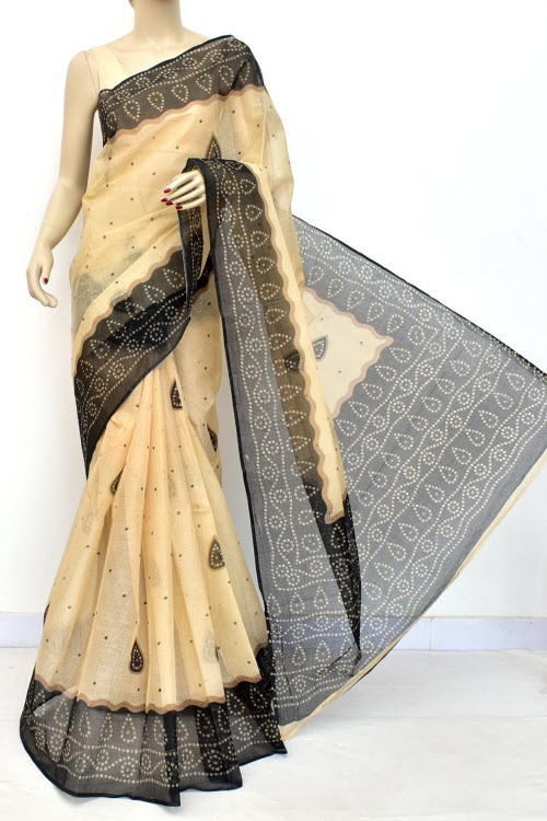 Black Fawn Chunri Print Kota Doria Cotton Saree (without Blouse) Premium Quality 15594