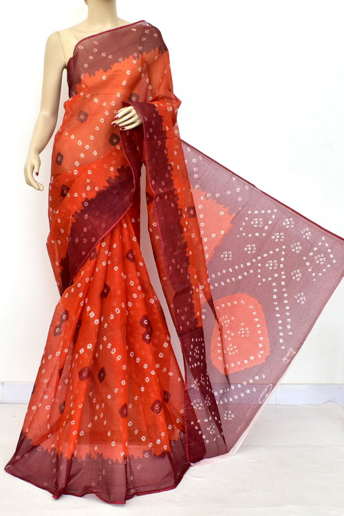 Brick Red Chunri Print Kota Doria Cotton Saree (without Blouse) Premium Quality 15591