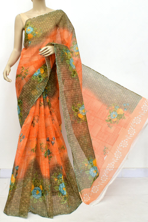 Orange Floral Print Kota Doria Cotton Saree (without Blouse) Premium Quality 15584