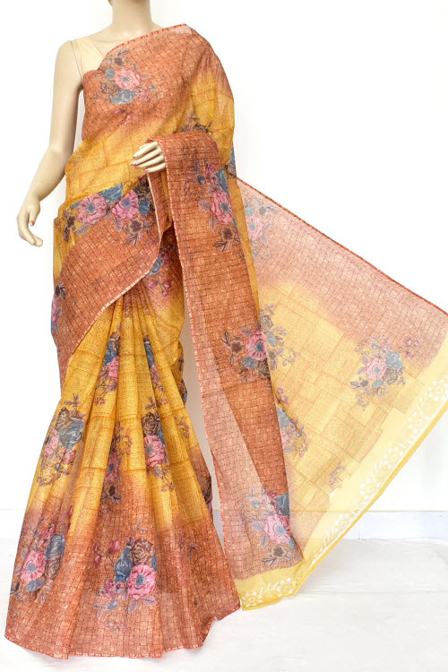 Mustard Floral Print Kota Doria Cotton Saree (without Blouse) Premium Quality 15583