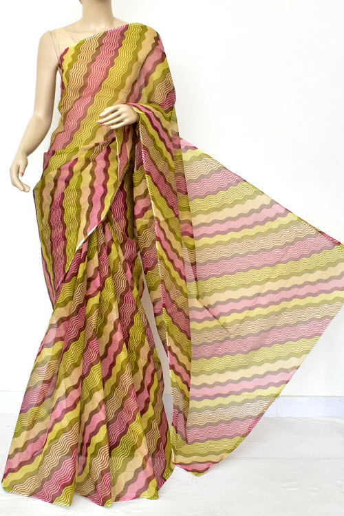 Menhdi Green Magenta Laharia Print Kota Doria Cotton Saree (without Blouse) Premium Quality 15581