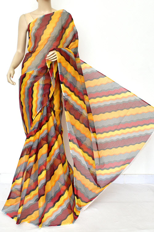 Yellow Grey Laharia Print Kota Doria Cotton Saree (without Blouse) Premium Quality 15580