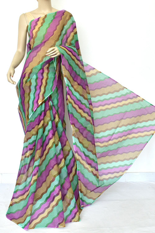 SeaGreen Purple Laharia Print Kota Doria Cotton Saree (without Blouse) Premium Quality 15579