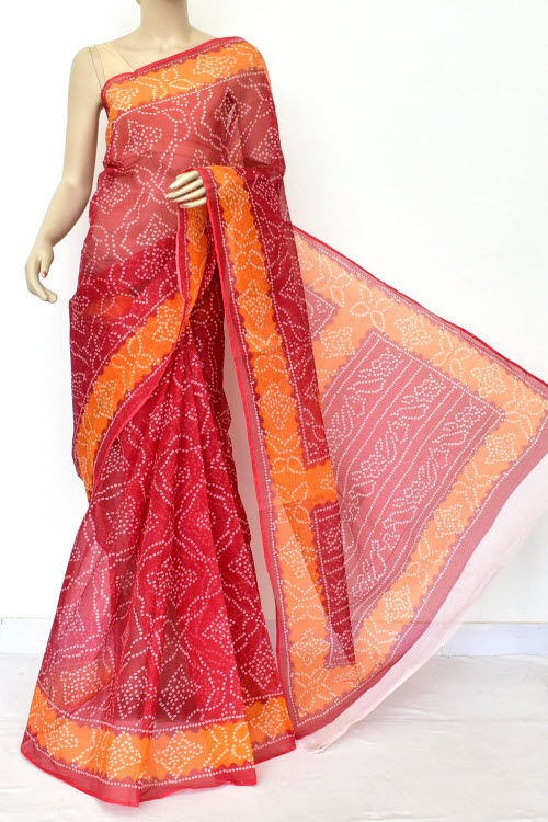 Red Chunri Print Kota Doria Cotton Saree (without Blouse) Premium Quality Orange Border 15578