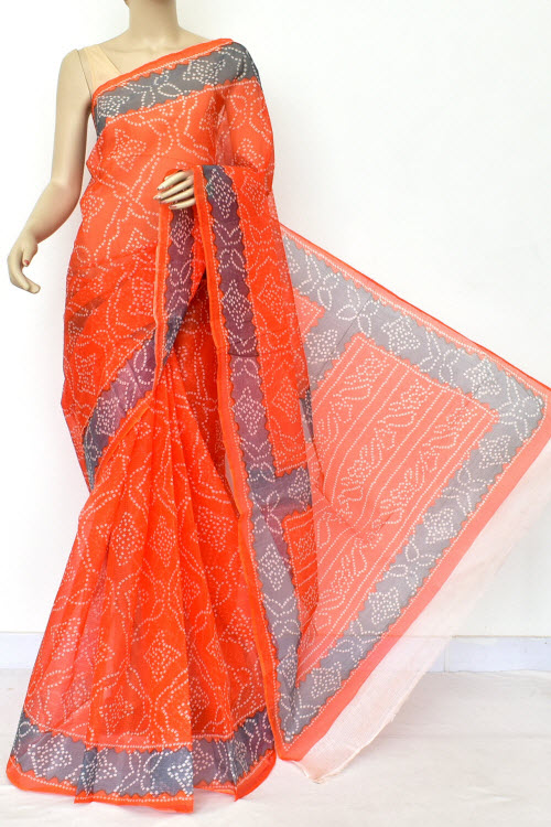 Orange Chunri Print Kota Doria Cotton Saree (without Blouse) Premium Quality Grey Border 15576