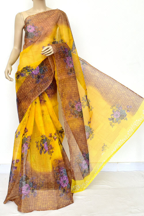 Yellow Brown Premium JP Munga Kota Floral Print Cotton Saree (without Blouse) 15570