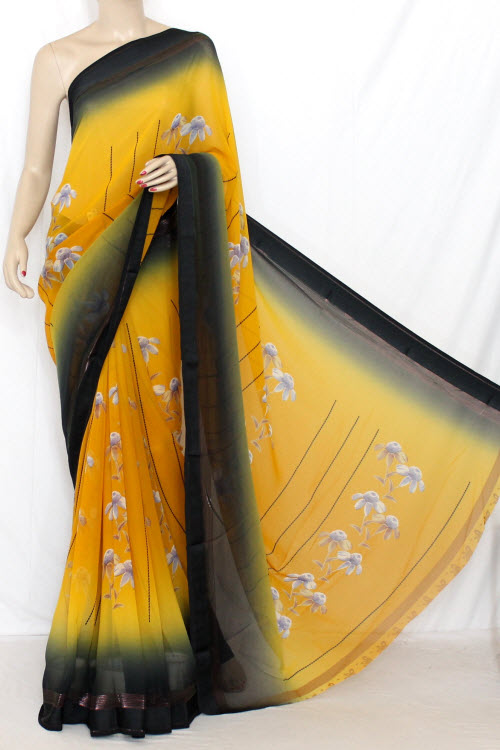 Mustared Yellow Printed Semi-Chiffon Saree (With Blouse) 13382