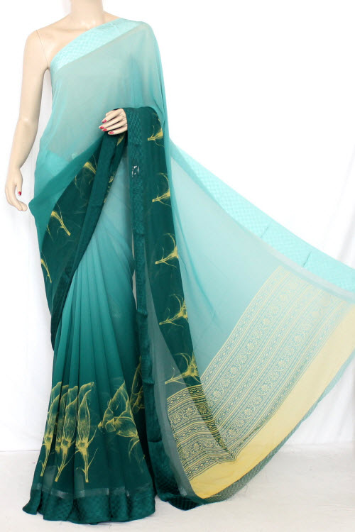 Sea Green Shaded Printed Semi-Chiffon Saree (With Blouse) 13383