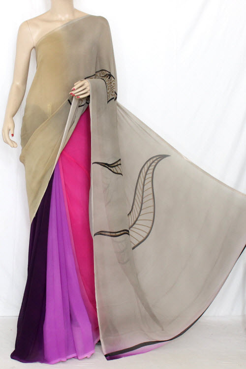 Purple Ash Half-Half Printed Wrinkle Georgette Saree (Without Blouse) 13385