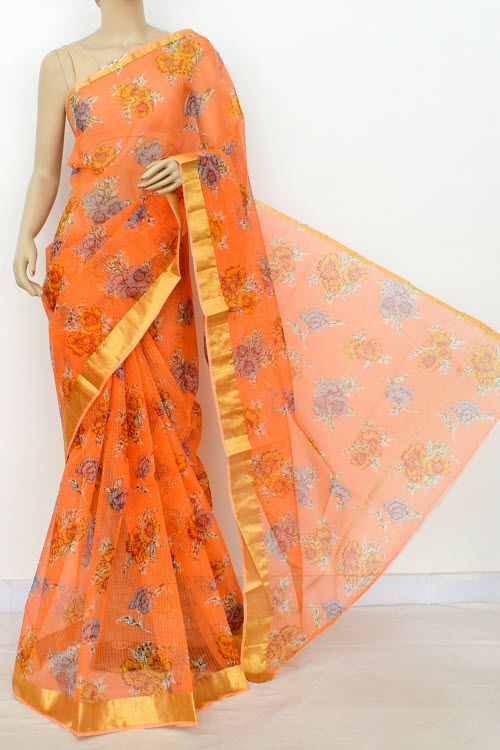 Peach JP Kota Doria Printed Cotton Saree (without Blouse) Zari Border 13499