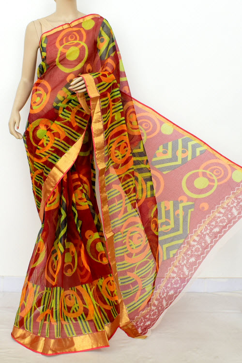 Red JP Kota Doria Printed Cotton Saree (without Blouse) Zari Border 13500