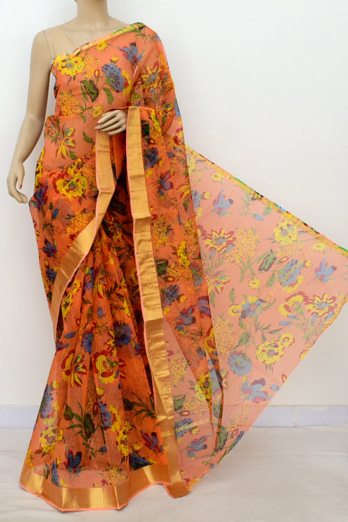 Peach JP Kota Doria Printed Cotton Saree (without Blouse) Zari Border 13503