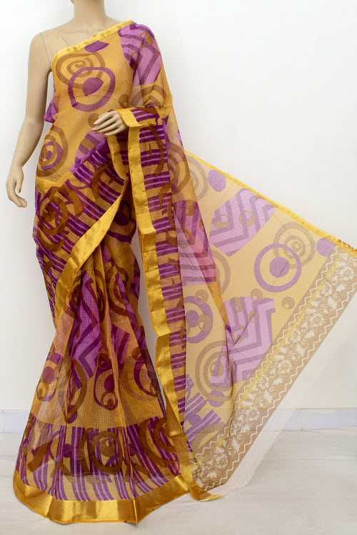 Purple JP Kota Doria Printed Cotton Saree (without Blouse) Zari Border 13504