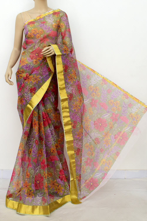 Grey JP Kota Doria Printed Cotton Saree (without Blouse) Zari Border 13506