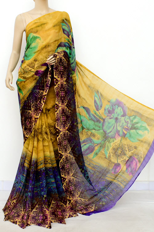 Mustared Brown Exclusive Printed Semi-Chiffon Saree (with Blouse) 16412