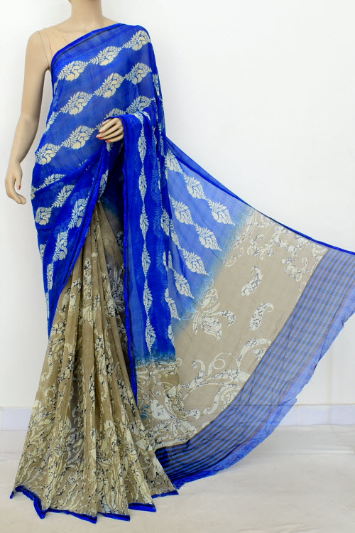 Royal Blue Chocolate Exclusive Half-Half Printed Semi-Chiffon Saree (with Blouse) 16411
