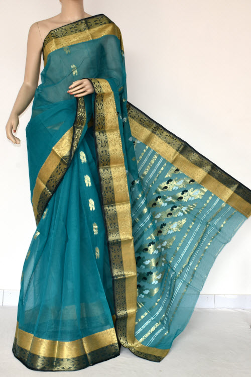 Sea Green Handwoven Bengal Tant Cotton Saree (Without Blouse) Zari Border Rich Pallu 14197