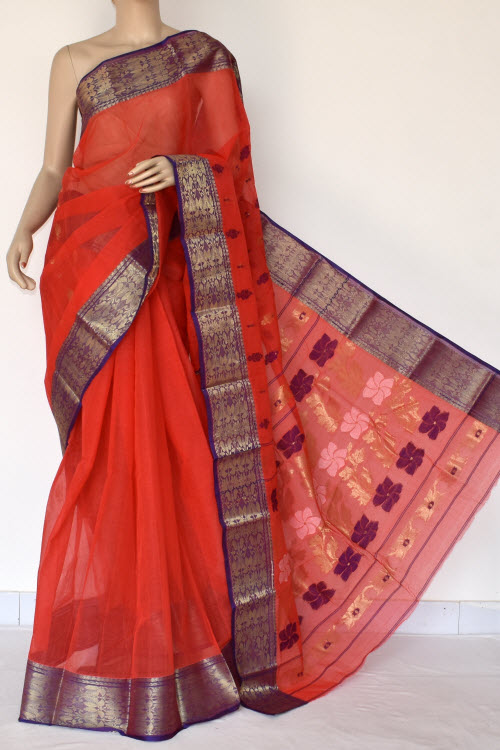 Dark Orange Handwoven Bengali Tant Cotton Saree (Without Blouse) 14206