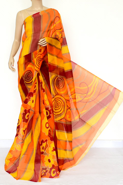 Yellow Orange Maroon Kota Printed Saree (Without Blouse - Supernet) 15456