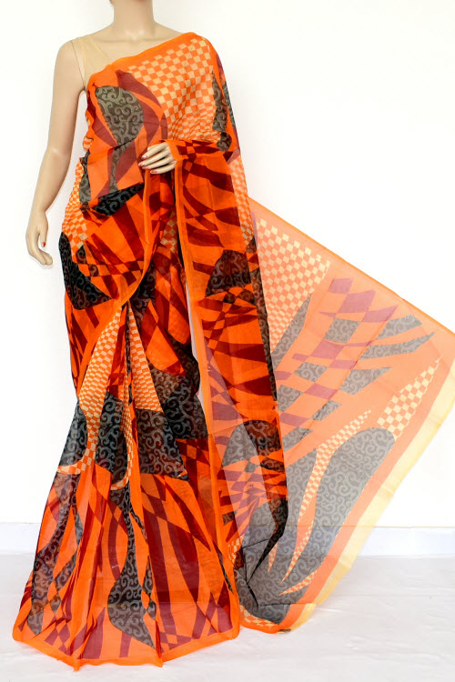 Orange Printed Kota Saree (Without Blouse - Supernet) 15461