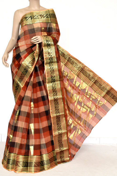 Red Black Handwoven Bengal Tant Cotton Saree (Without Blouse) Zari Border & Booti 17401