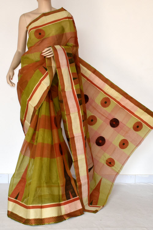 Menhdi Green Orange Handwoven Bengal Tant Cotton Saree (Without Blouse) Munga Border 17402