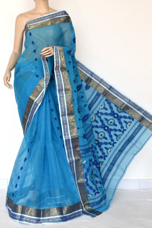Firozi Handwoven Bengal Tant Cotton Saree (Without Blouse) Zari Border 17416