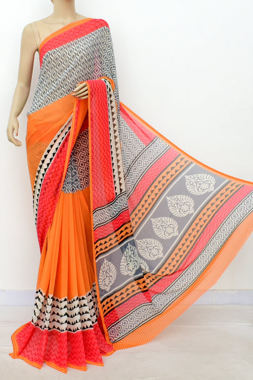 Orange Grey Printed Mul-Mul Georgette Saree (with Blouse) 16402