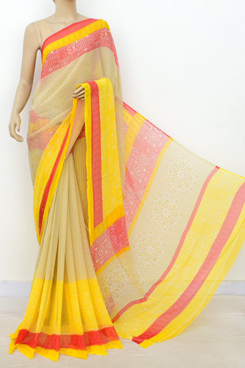 Yellow Red Printed Semi-Chiffon Saree (with Blouse) 16400