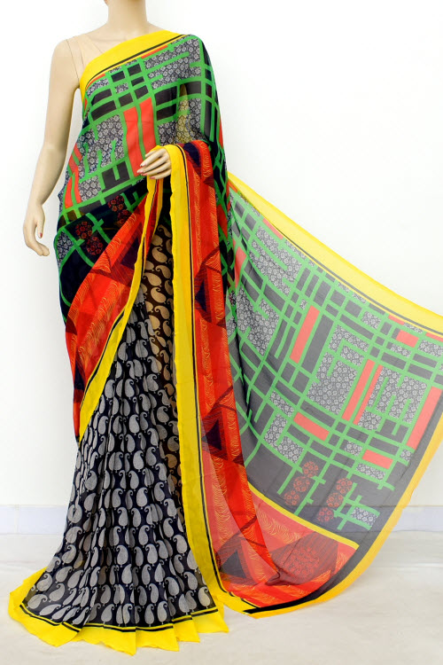 Navy Blue Yellow Half-Half Printed Semi-Chiffon Saree (with Blouse) 16399