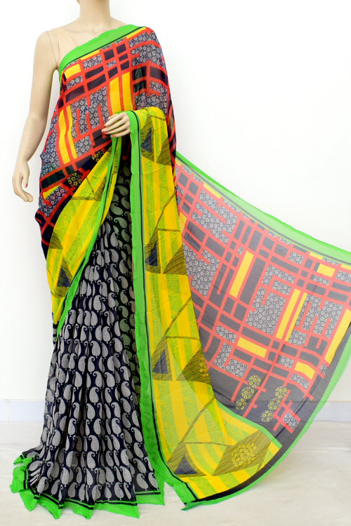  Navy Blue Green Half-Half Printed Semi-Chiffon Saree (with Blouse) 16398