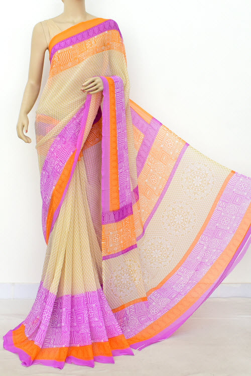 Off-White Purple Printed Semi-Chiffon Saree (with Blouse) 16397